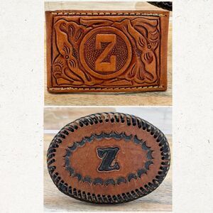 2 Vintage Tooled Leather Belt Buckles With The Initial “Z” Oval Square Black